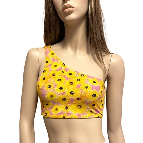 Zara One Shoulder Crop Top Tank Pullover Bralette Bandeau Sunflowers Floral - Picture 3 of 11